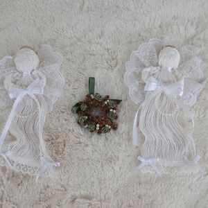Hand Crafted White Lace Angels with Green Wreath